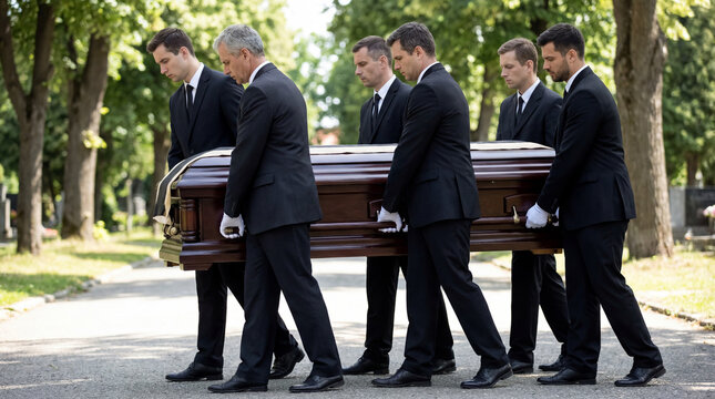 Six pallbearers carrying a wooden casket through a cemetery path  