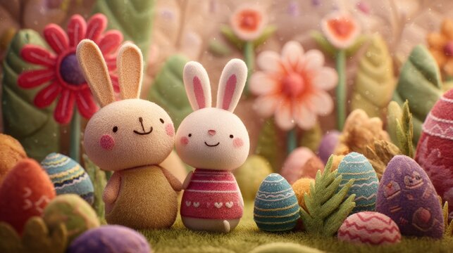 Happy easter Two adorable bunnies stand close, smiling softly. Colorful eggs dot the grassy field around them. Soft pastel flowers bloom behind with gentle hues
