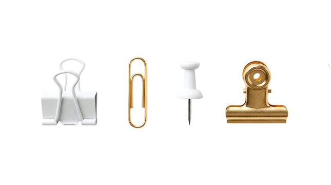 Four metallic and white office supplies including binder clips paperclip and pushpin on a transparent background