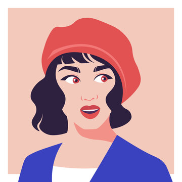 Modern flat vector portrait of a stylish young woman with a surprised expression, wearing a red beret. French chic fashion, bold emotions, beauty, pop art aesthetics, and trendy user avatars.