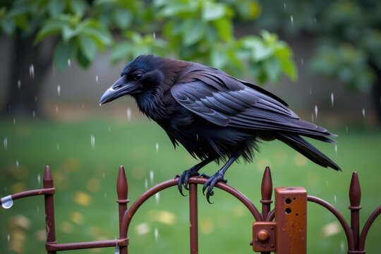 A soaked, miserable looking raven perched tightly onto a rusted iron fence during a deluge.