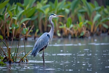 Fototapeta premium A majestic blue heron standing perfectly still in the shallow waters of a swamp during a torrential storm.