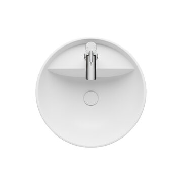 Minimalist modern bathroom sink with polished white ceramic and sleek chrome faucet, top-down view on a seamless stark white background, conveying serene hygiene concept