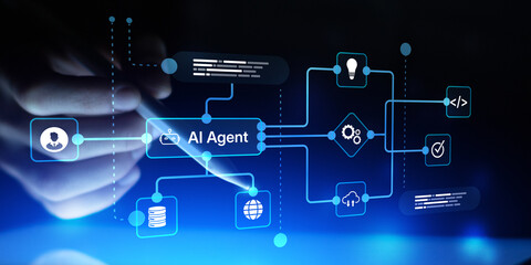 Naklejka premium AI Agent Intelligent Artificial Intelligence Software Automation Platform with Digital Workflow Integration and Data Processing Systems.