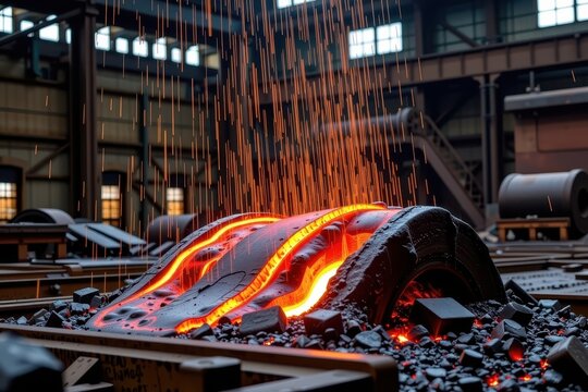 Heavy drops of rain hitting a glowing, molten piece of industrial slag in an abandoned steel mill.