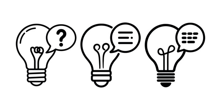 Minimal bulb icon set representing creative idea generation phases from initial question through discussion to final thought process and solution design