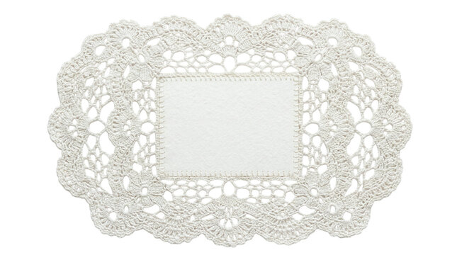Blank rectangular paper note decorated with an oval white crocheted lace doily frame on a transparent background