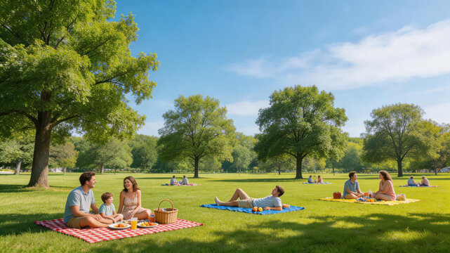 Labor day picnic family relaxing on blanket in sunny park with green trees and picnic basket enjoying outdoors