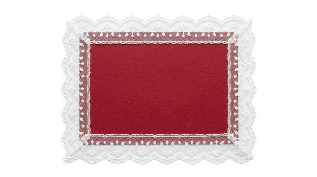 Blank rectangular deep red paper card framed with delicate white floral lace on a transparent background