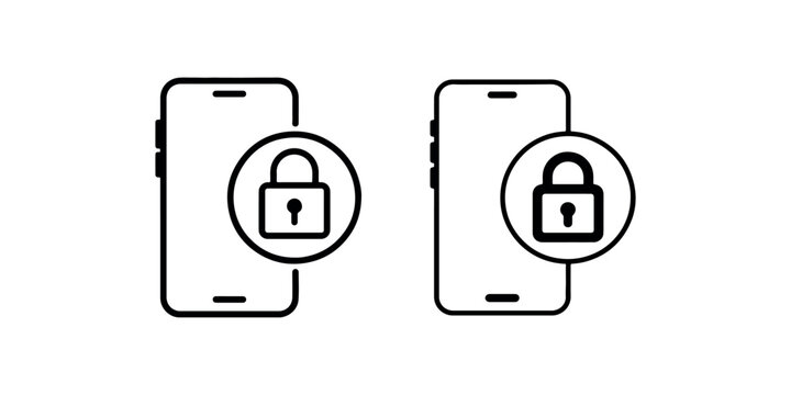 Smartphone security icon set representing mobile phone data protection with padlock symbol and touchscreen device outline for digital privacy and safety