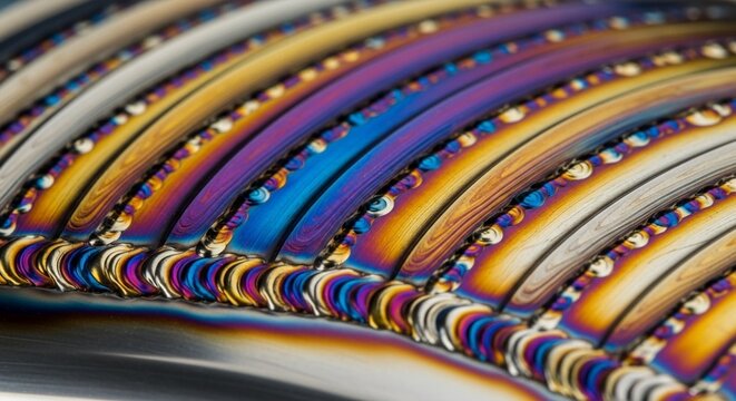 Abstract iridescent metal welding seams with rainbow colors and textured surface