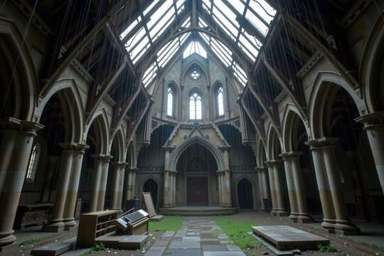 Heavy rain pouring relentlessly through the collapsed, open roof of a forgotten, gothic stone church.