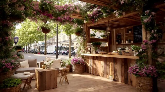 Spring Summer outdoor leisure relaxation activity. A vivid portrayal of a cozy outdoor cafe or restaurant. The main subject is a wooden bar with a rustic aesthetic.