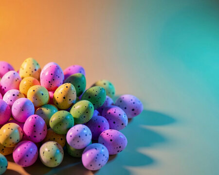 A pile of colorful, speckled, egg-shaped candies is positioned in the lower left quadrant of the frame against a gradient background