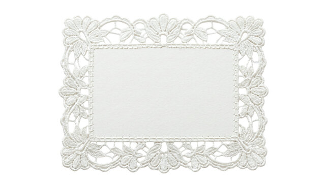 Blank rectangular white paper card framed with intricate crocheted lace border on a transparent background