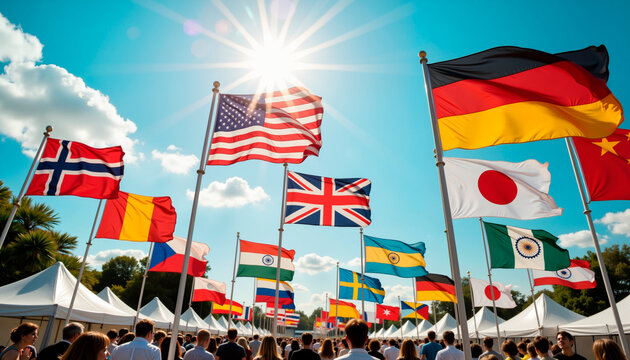International flags waving in the sun at cultural festival event  