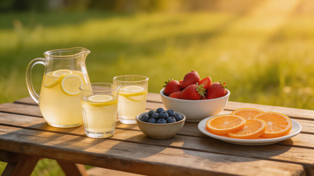 Labor day picnic with pitcher of lemonade two glasses and fresh fruit on wooden table in warm sunlight