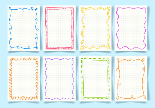 Background Set with Hand Drawn Frames and Notebook Paper. Color Hand Drawn Template with Copy Space for Quote Cover Poster Social Media. Childrens Day. Back to School. Universal Doodle Frame Template