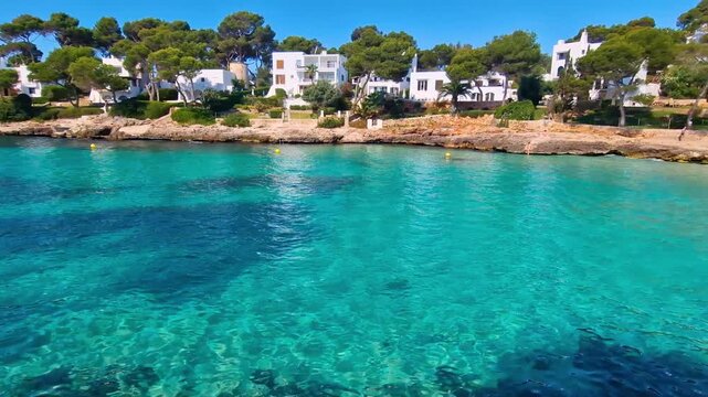 Mallorca Cala d'Or 4k video of narrow turquoise bay and empty sandy beach. Scenic Mediterranean sea cove with crystal clear water and pine trees in Spain. Summer travel destination without people