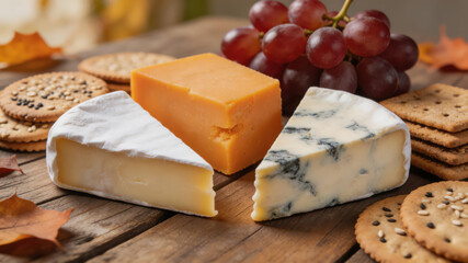 Soft brie cheddar and blue cheese on wooden board at labor day picnic with grapes crackers and autumn leaves