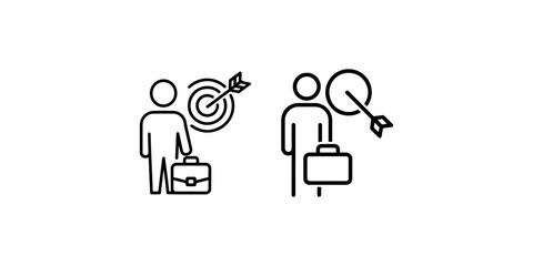 Fototapeta premium Professional businessman silhouette with briefcase aiming at target with arrow illustrating career goals success and corporate strategic planning icons