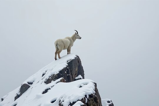 A mountain goat standing precariously on a tiny, snow blasted rock ledge during a terrifying, zero visibility whiteout.