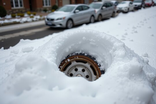 A single, pristine, aerodynamic snowdrift perfectly burying a discarded, rusted chrome wheel hubcap on the side of the road.