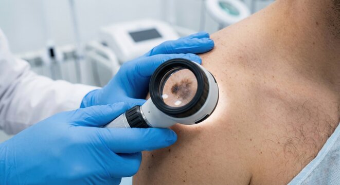 Dermatologist examining skin mole with dermatoscope