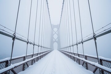 Fototapeta premium A completely whiteout blizzard swallowing the towering steel cables of an empty suspension bridge.