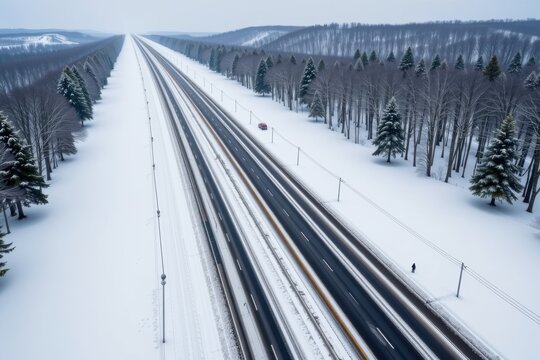 A massive, unbroken field of pristine white snow completely erasing the asphalt of what was once a bustling four lane highway.