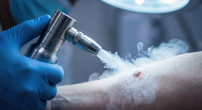 Dermatologist using cryospray on skin lesion
