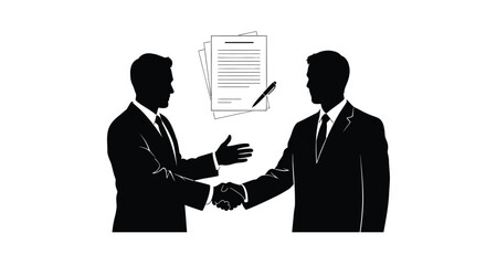 Fototapeta premium Two men shaking hands before documents representing a business agreement silhouette