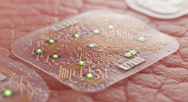 Close-up of a flexible electronic circuit patch adhered to human skin for health monitoring