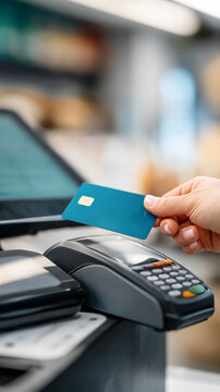 Close-up of hand using contactless payment with credit card at terminal