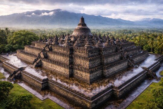 Aerial view of ancient Borobudur temple in misty tropical forest with dramatic cloudy sky at sunrise
