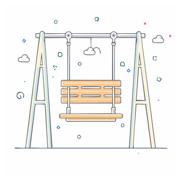 Illustrated empty swing set with wooden seat on a white background, simple minimalistic design
