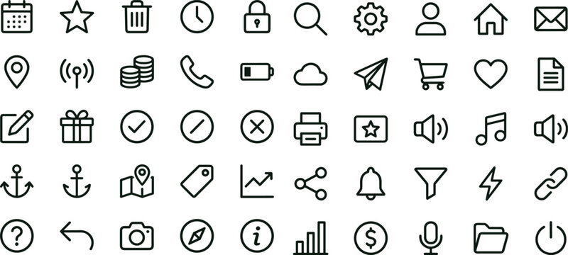 Essential user interface outline vector icon set for web navigation communication productivity tools applications and digital platform design