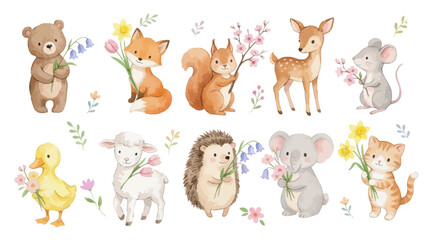 Watercolor woodland animals with spring flowers cute forest set design. Collection of Vector illustrations for invitation, card, poster, banner, decoration © maria