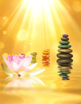 Fondo luminoso dorado sensaci&oacute;n zen de paz y tranquilidad, en primer plano una flor de loto, en plano medio grupos de piedras de colores apiladas desde arriba destellos de luz caen sobre las piedras