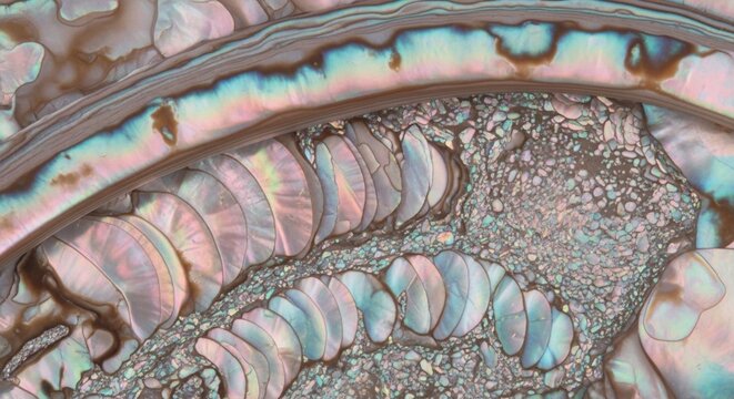 Close-up macro texture of iridescent abalone shell interior showing pearlescent layers and natural patterns