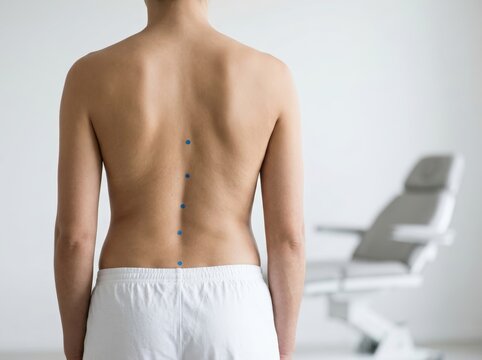 Woman with scoliosis back showing curvature of spine. Doctor examining patient back with blue markers for physical therapy. Medical checkup for spine alignment and postural disorder.