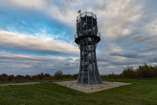 Modern observation tower on Tsiukhiv Verh mountain in Carpathians