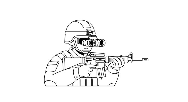 A determined soldier wearing a helmet and night vision goggles, holding a rifle with precise aiming, depicted in a clean, scalable vector line art style with bold outlines and a