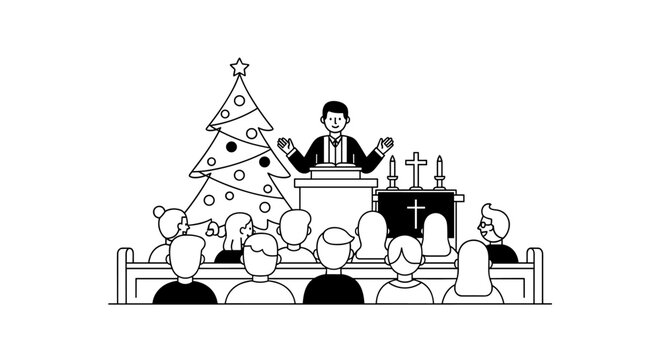 Congregation gathers for a festive christmas sermon, featuring a preacher at a podium beside a decorated tree, with candles and a cross adorning the altar, depicted in a clean,
