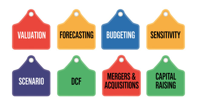 Financial planning tags displaying valuation, forecasting, budgeting, sensitivity, scenario, dcf, mergers, acquisitions, and capital raising concepts in a clean, modern, scalable