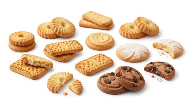 Assorted butter cookies and chocolate chip biscuits collection, variety of sweet shortbread snacks, golden baked treats on white background