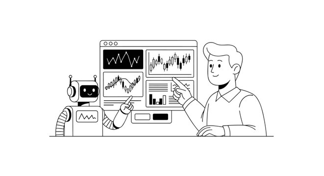 Friendly robot assistant collaborates with a businessman, analyzing stock market candlestick charts and line graphs on computer screens, showcasing technological advancement in