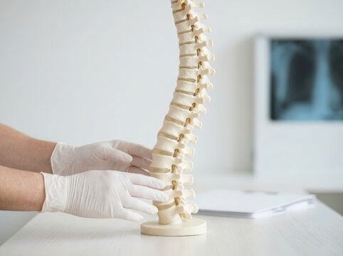 Doctor in medical gloves examining human spine model showing lateral curvature. Orthopedist analyzing scoliosis and spinal deformity. Clinics diagnostic and vertebral support concept.