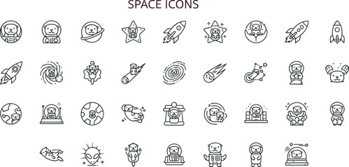 Space exploration outline vector icon set featuring astronauts rockets planets satellites galaxies universe elements and cosmic travel symbols © Abraham