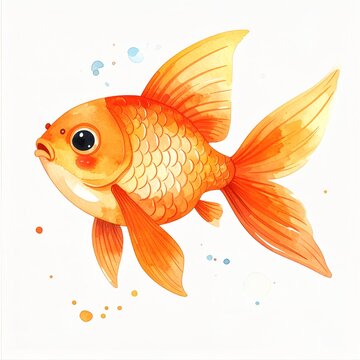 Minimalist watercolor illustration of Cute cartoon goldfish